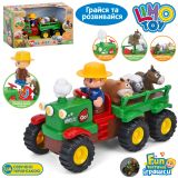 Трактор з причепом, 25,5см, музика/звук (укр), світло, їздить, знімна фігурка фермера (магнітне кріплення), тварини 3шт, в русі рухлива платформа у причепі, дим рухається коли трактор їде, на бат-ці, в кор-ці, 33-20-15см /12/